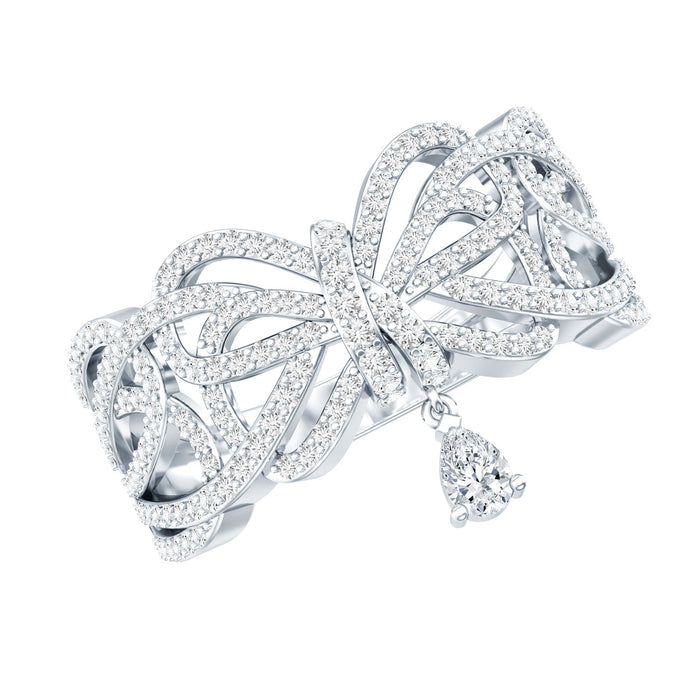 Women's moissanite designer engagement ring in 14K gold plated silver with a sparkling central stone and intricate band details.
