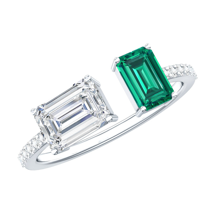 Certified Moissanite and lab-grown emerald Toi Et Moi engagement ring with rose gold band from Rosec Jewels.