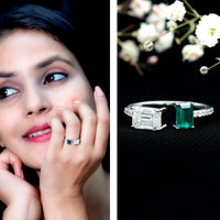 Certified Moissanite and Lab Grown Emerald Toi Et Moi Engagement Ring