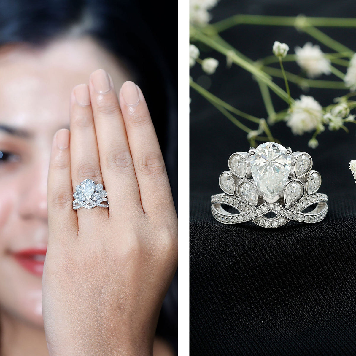 Vintage-inspired moissanite engagement ring by Rosec Jewels featuring a large, sparkling central stone and intricate band design.