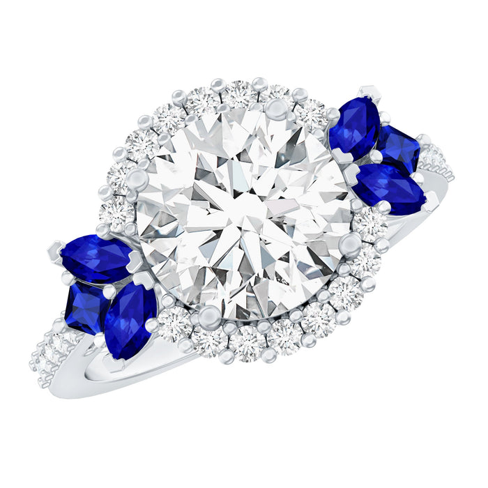 Rosec Jewels certified moissanite 3 carat engagement ring with a lab-grown blue sapphire centerpiece.