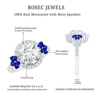 Certified Moissanite 3 Carat Engagement Ring with Lab Grown Blue Sapphire