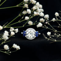 Certified Moissanite 3 Carat Engagement Ring with Lab Grown Blue Sapphire