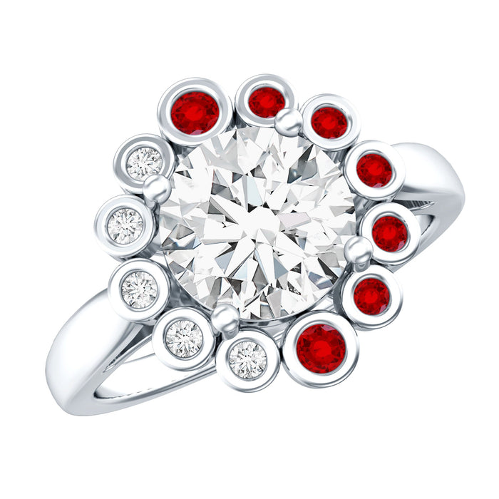 Certified 2 Carat Moissanite engagement ring with lab-grown ruby and designer details, showcasing the elegant ring design.