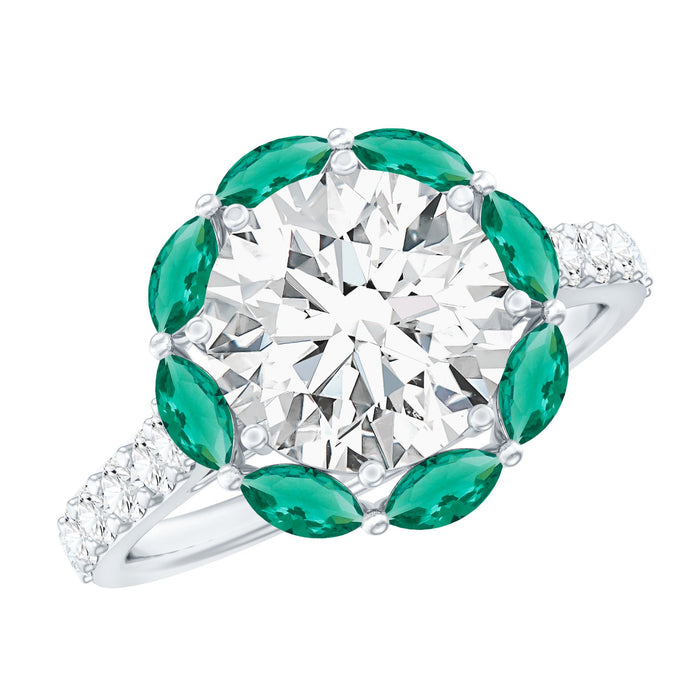 Certified 3 Carat Moissanite engagement ring with emerald-cut center stone and diamond accents in a rose gold setting.