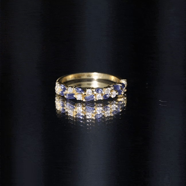 Certified lab-grown blue sapphire diamond half eternity band ring with yellow gold setting from Rosec Jewels