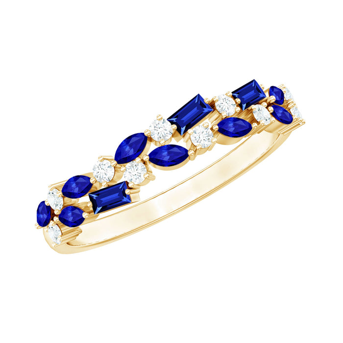 Certified lab-grown blue sapphire and diamond half eternity band ring from Rosec Jewels, featuring a row of alternating gemstones.