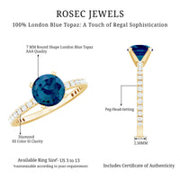 1.3 Carat Round London Blue Topaz Solitaire Ring with Diamond Side Stones