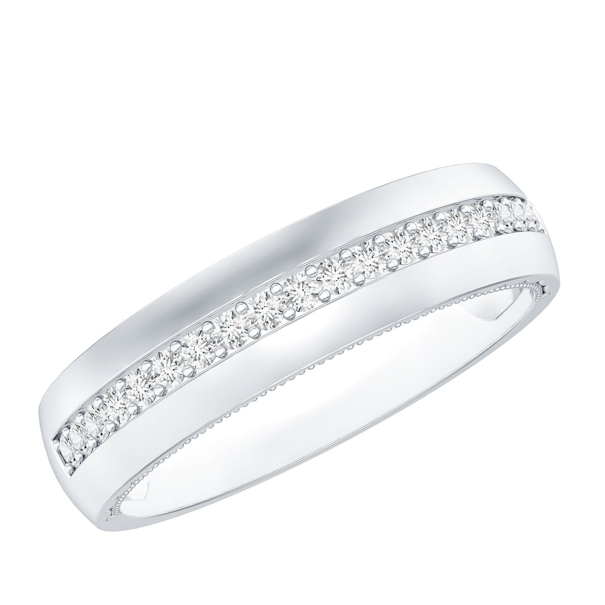 Certified Moissanite classic wedding band ring by Rosec Jewels featuring a sleek, elegant design with sparkling moissanite stones.