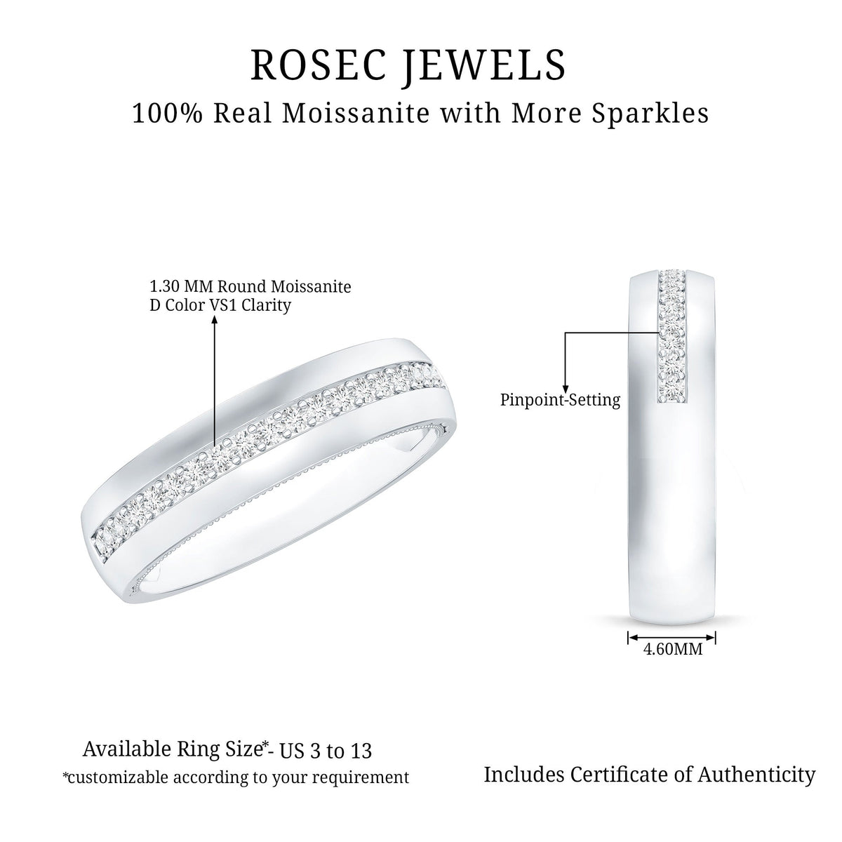 Certified Moissanite classic wedding band ring from Rosec Jewels, featuring a sleek, elegant design with sparkling moissanite stones.