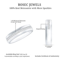 Certified Moissanite classic wedding band ring from Rosec Jewels, featuring a sleek, elegant design with sparkling moissanite stones.