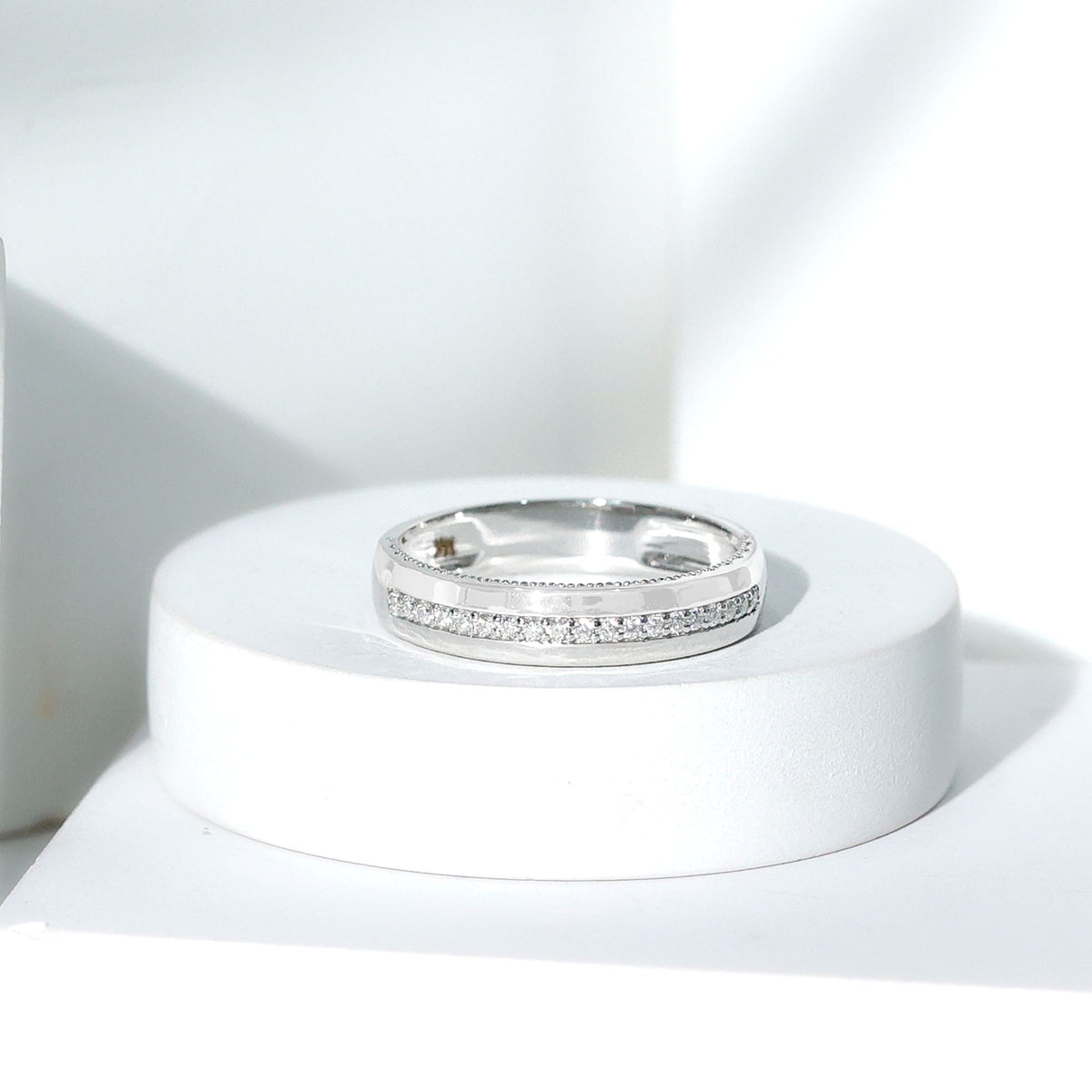 Certified Moissanite classic wedding band ring from Rosec Jewels featuring a sleek, elegant design with sparkling moissanite stones.