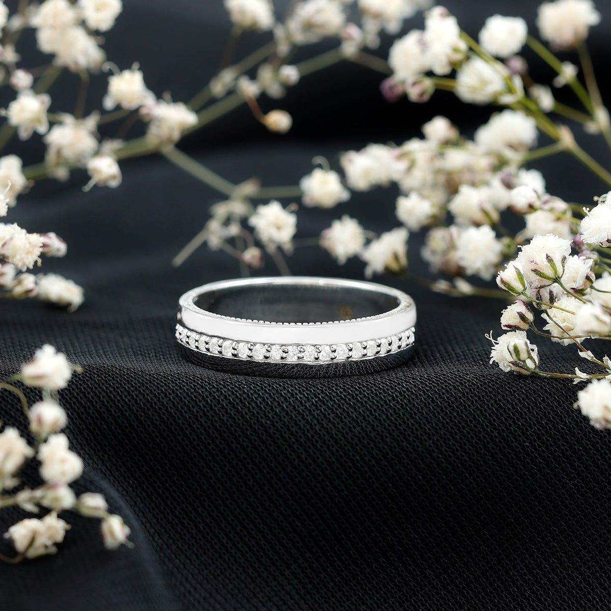Certified Moissanite Classic Wedding Band Ring with a polished silver finish, featuring a sleek, elegant design.