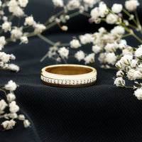 Certified Moissanite classic wedding band ring from Rosec Jewels featuring sparkling moissanite stones and a polished gold finish.