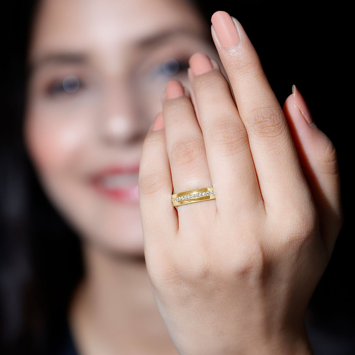 Certified Moissanite classic wedding band ring from Rosec Jewels featuring sparkling moissanite stones on a sleek band.
