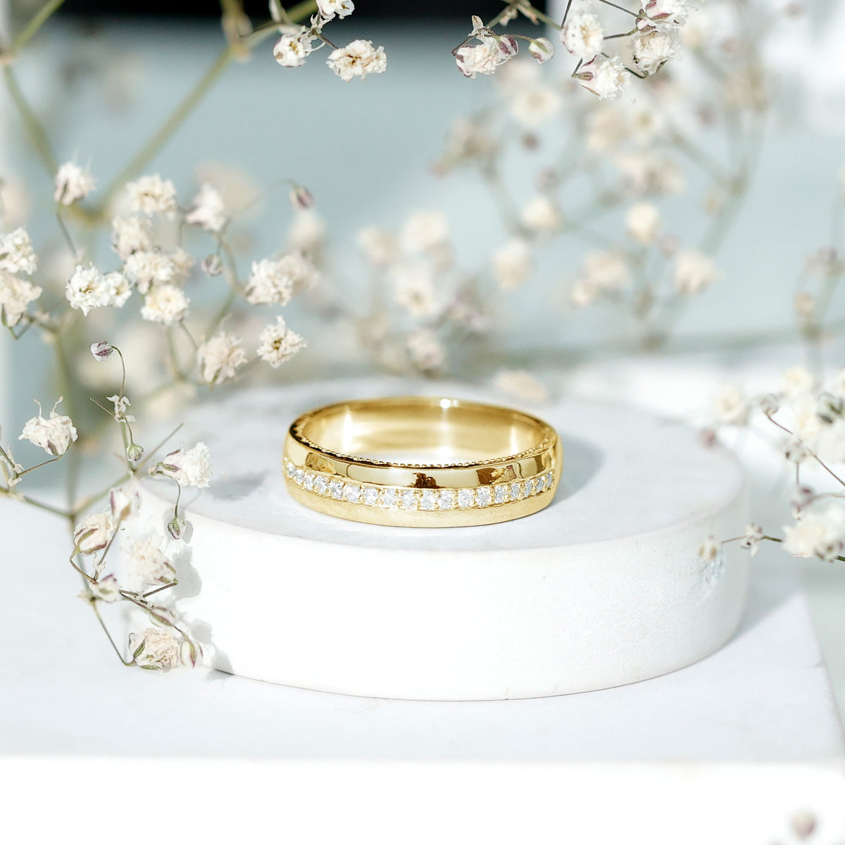 Certified Moissanite classic wedding band ring from Rosec Jewels, featuring a sleek, elegant design with sparkling moissanite stones.
