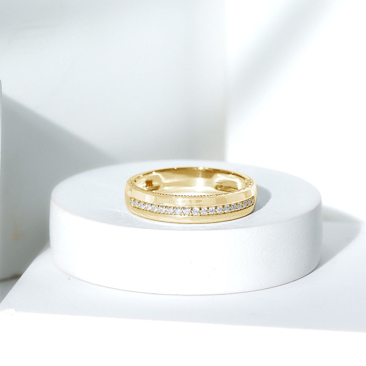 Elegant certified moissanite classic wedding band ring by Rosec Jewels featuring a sleek design and sparkling stones.