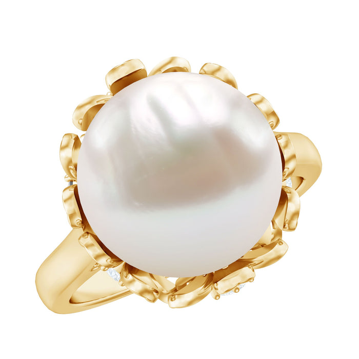 Rosec Jewels 11-carat freshwater pearl flower engagement ring with diamond accents, showcasing a delicate floral design in a ring setting.