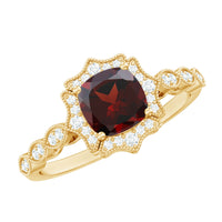 Vintage Looking 3.2 Carat Garnet Cushion Cut Engagement Ring with Diamond
