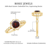 Vintage Looking 3.2 Carat Garnet Cushion Cut Engagement Ring with Diamond