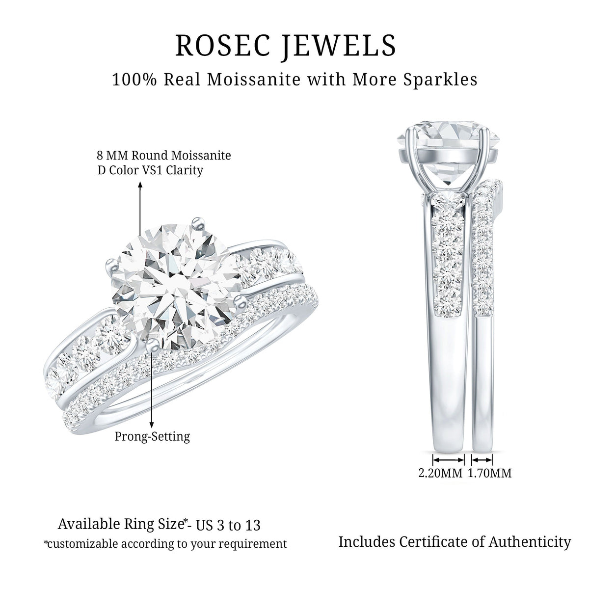 Certified 2 carat round moissanite engagement ring with matching wedding band from Rosec Jewels, showcasing elegant jewelry design.