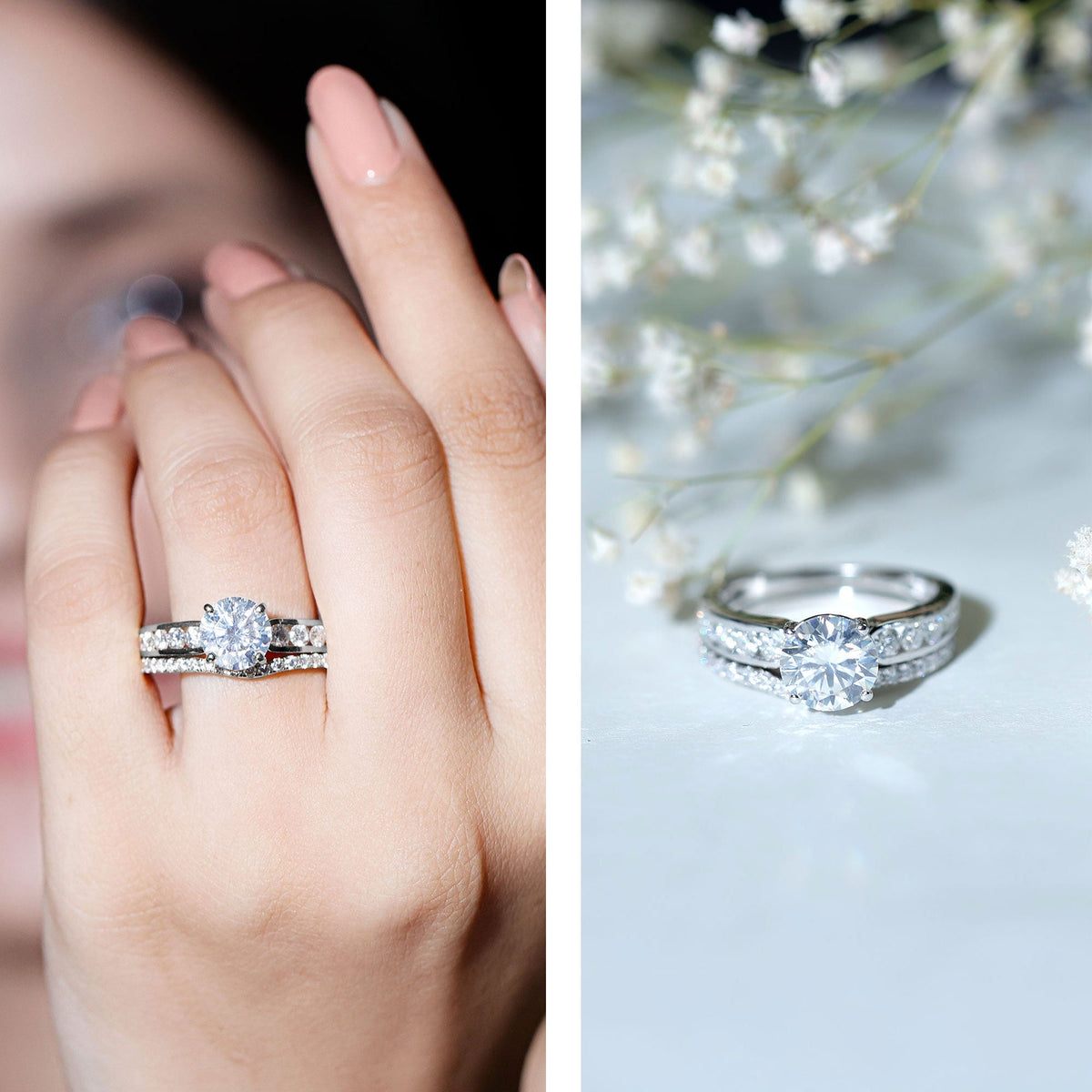 Round 2-carat moissanite engagement ring with matching wedding band from Rosec Jewels, showcasing sparkling gemstone and elegant design.