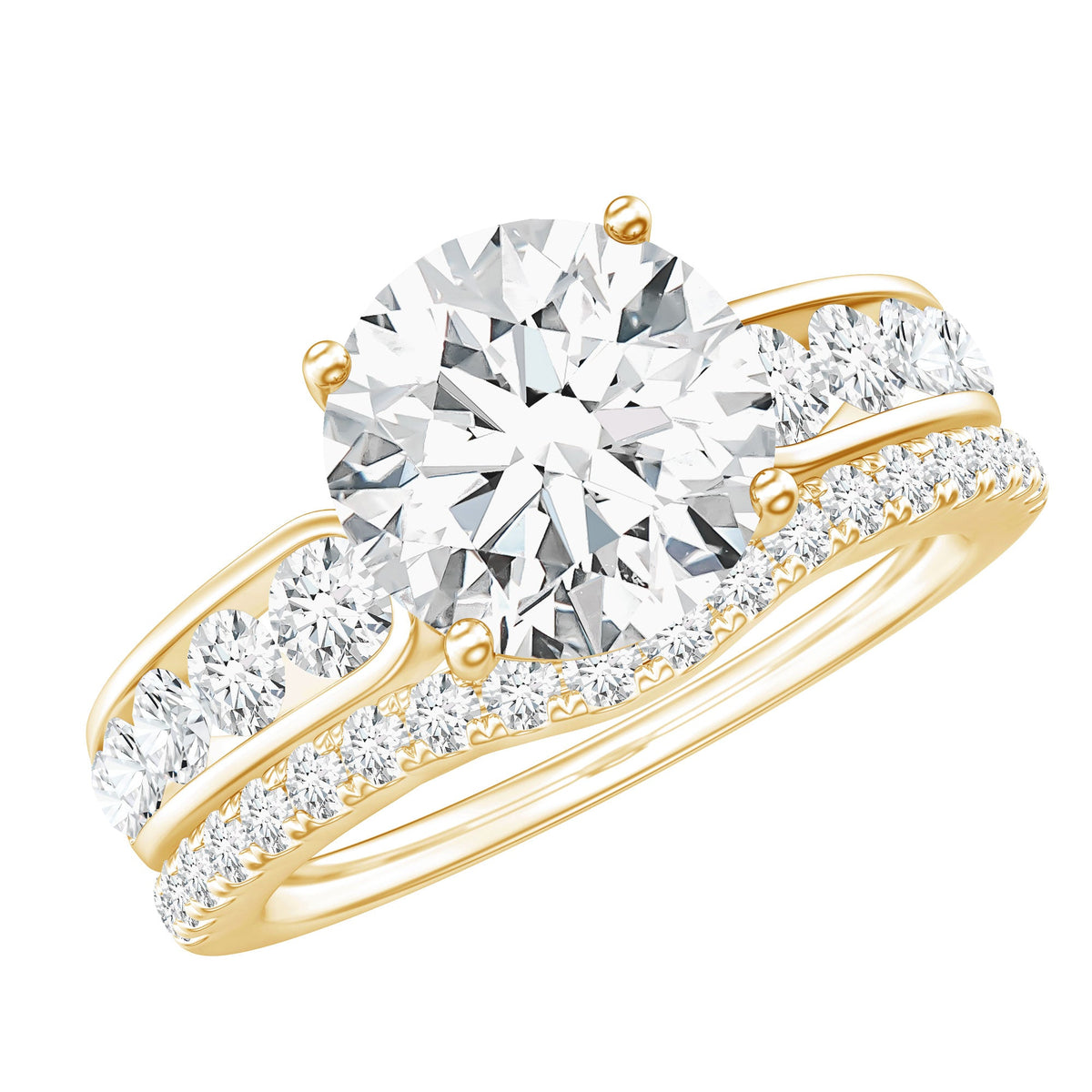 Certified 2 carat round moissanite engagement ring with matching wedding band, featuring sparkling stones and elegant design.