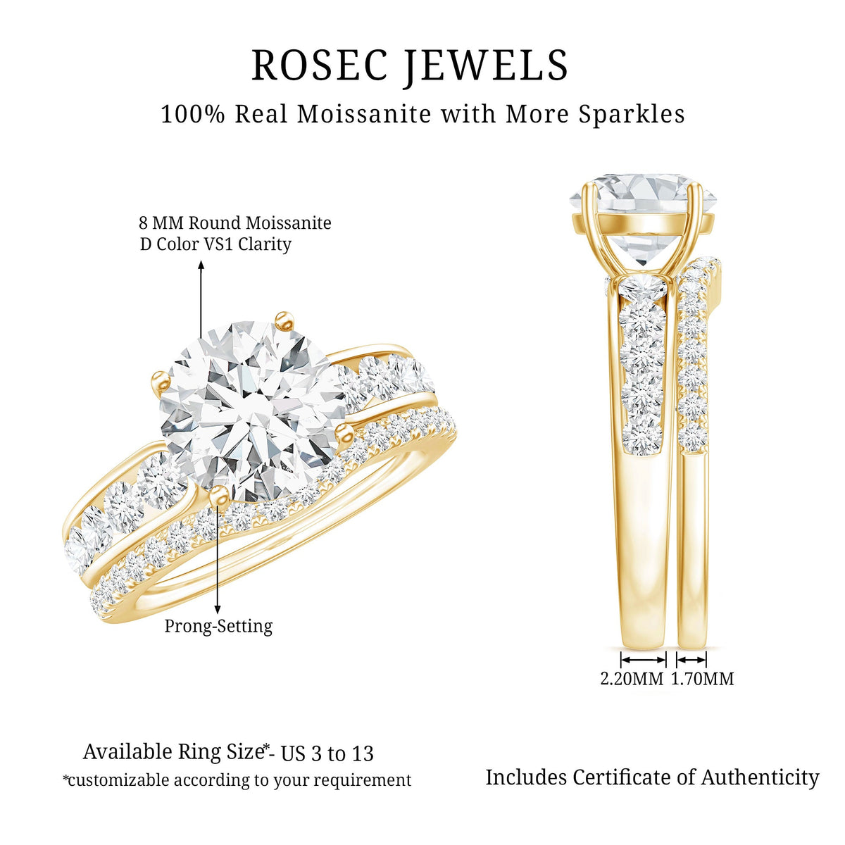 Certified 2 Carat round moissanite engagement ring with matching wedding band from Rosec Jewels, showcasing sparkling jewelry design.
