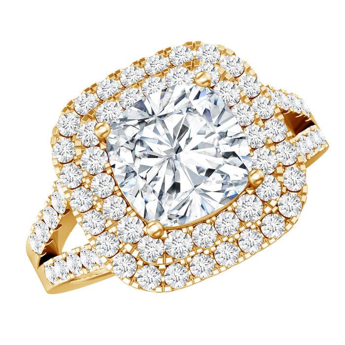 Certified cushion cut moissanite double halo engagement ring with intricate band design, featuring sparkling stones and detailed craftsmanship.