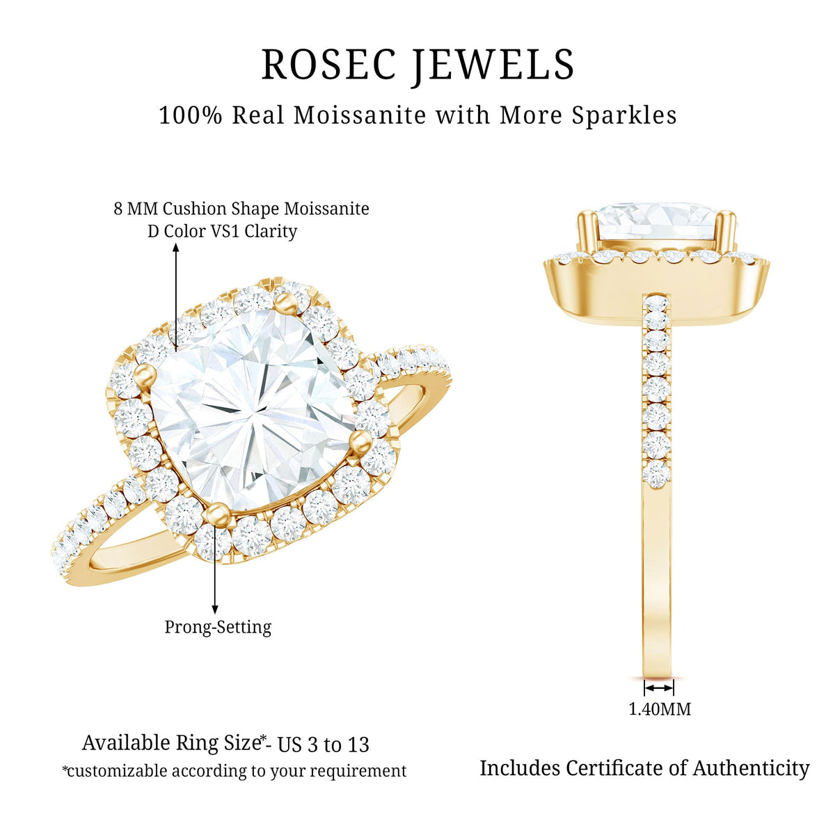 8 MM Cushion Cut Moissanite Halo Engagement Ring for Women