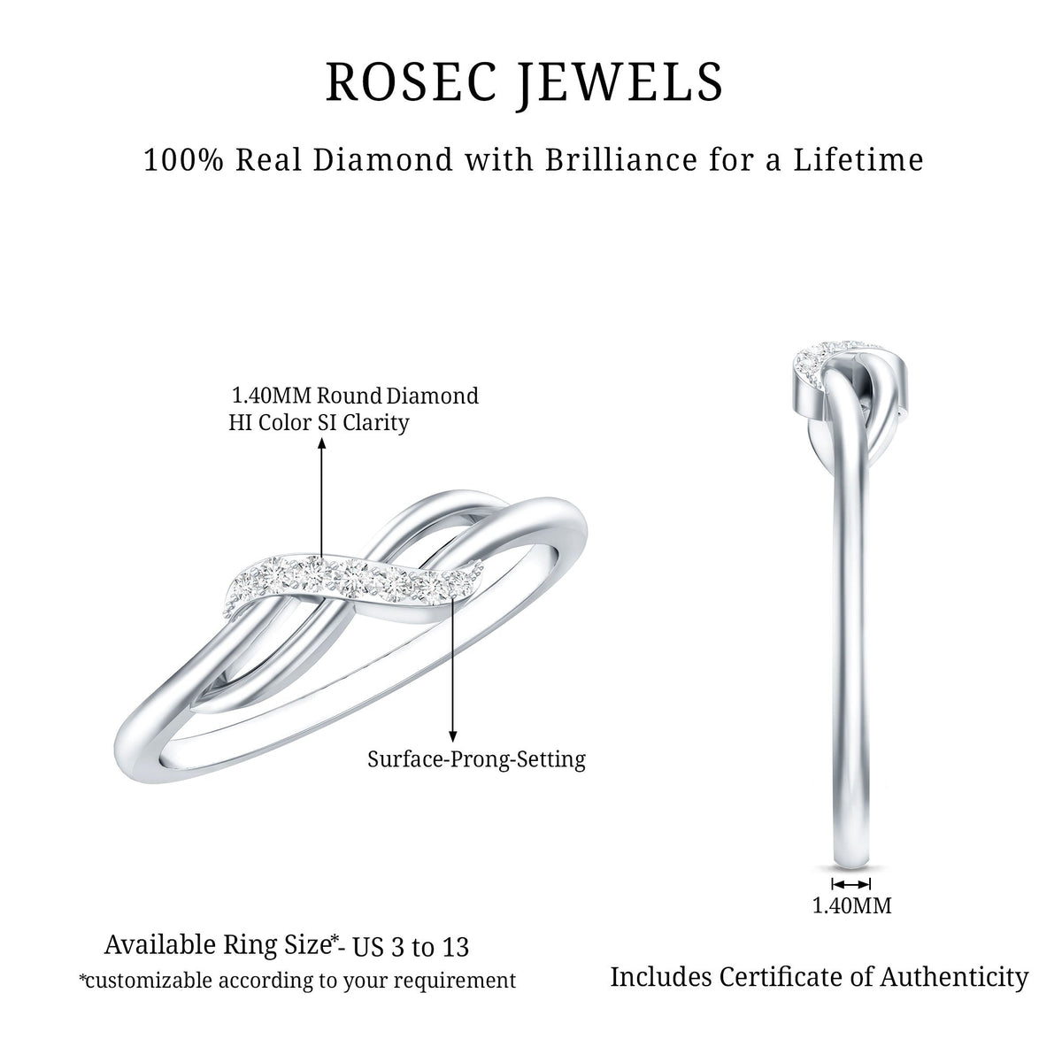 Certified diamond infinity promise ring for women by Rosec Jewels, featuring a sparkling diamond design in a elegant ring setting.