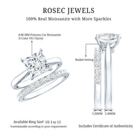 Certified 3 Carat Princess Cut Moissanite Engagement Ring with Wedding Band
