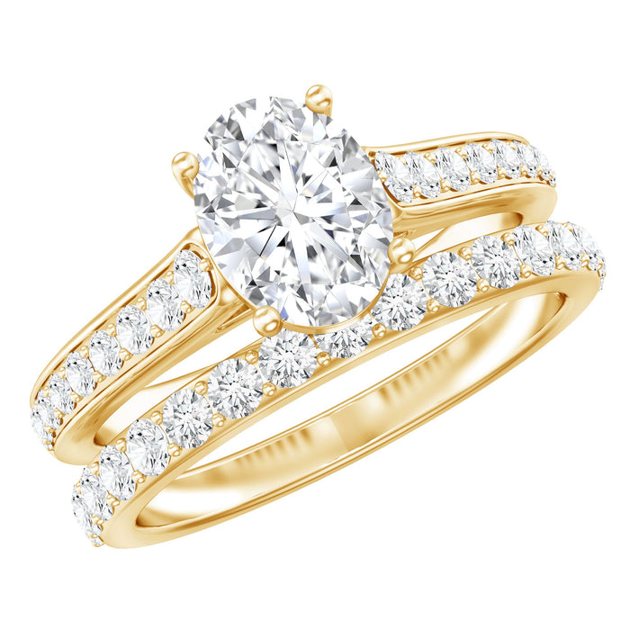 Certified Moissanite oval engagement ring set by Rosec Jewels, featuring sparkling moissanite stones on elegant rings.