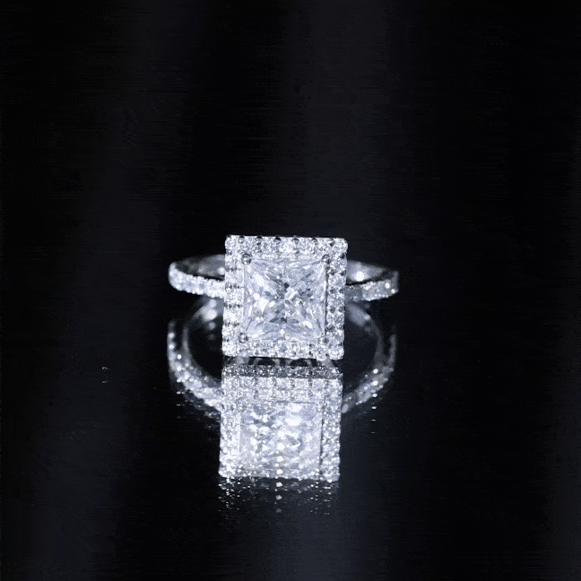 Elegant 3 Carat princess cut moissanite halo engagement ring by Rosec Jewels featuring a sparkling white center stone and intricate band design.