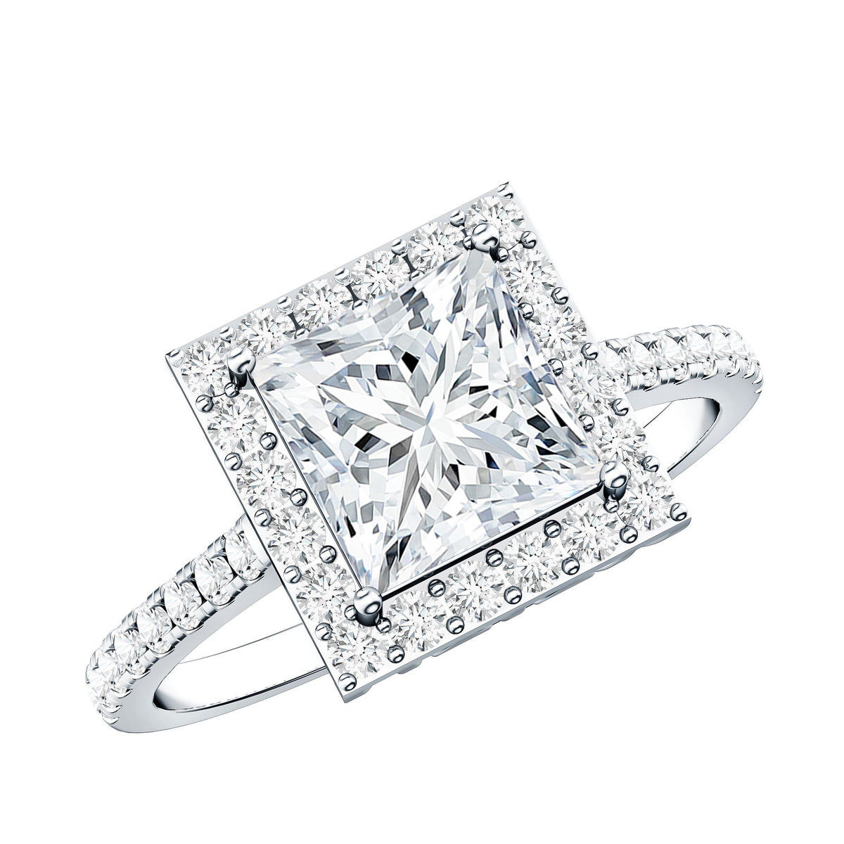 3 carat princess cut moissanite halo engagement ring from Rosec Jewels featuring a sparkling central stone and intricate band design.