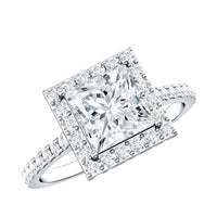 3 carat princess cut moissanite halo engagement ring from Rosec Jewels featuring a sparkling central stone and intricate band design.