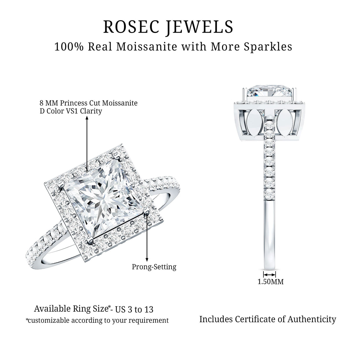 Three-carat princess cut moissanite halo engagement ring with intricate band design, showcasing sparkle and brilliance.