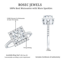 Three-carat princess cut moissanite halo engagement ring with intricate band design, showcasing sparkle and brilliance.