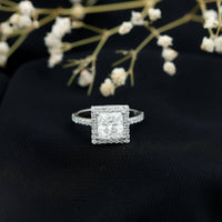3 carat princess cut moissanite halo engagement ring from Rosec Jewels featuring a sparkling center stone and intricate band design.