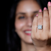 Three-carat princess cut moissanite halo engagement ring from Rosec Jewels featuring a sparkling central stone and intricate halo design.