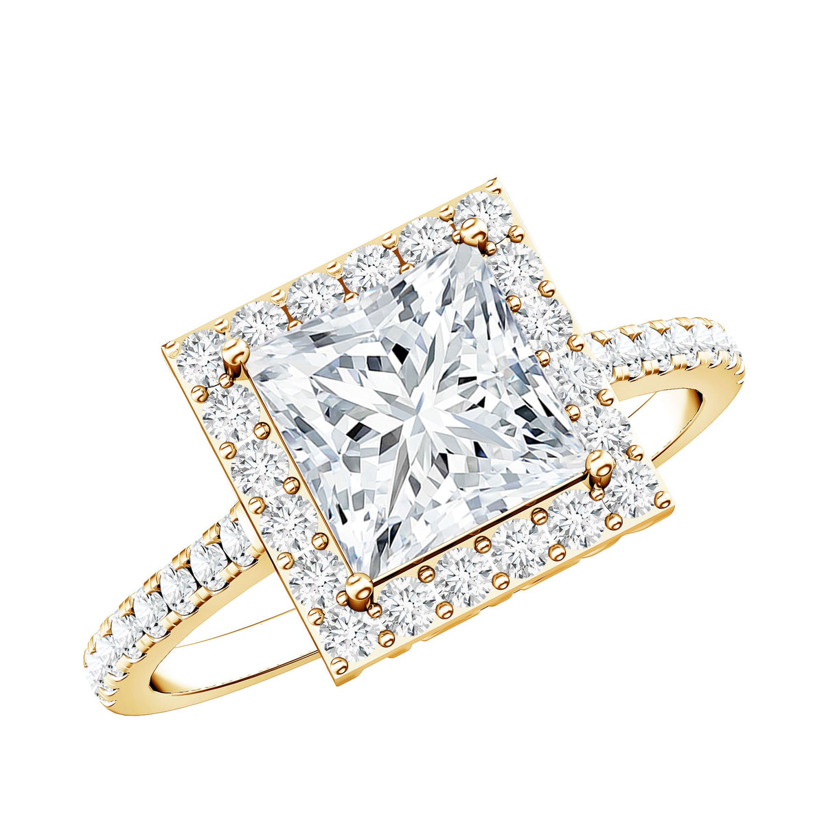 Three-carat princess cut Moissanite halo engagement ring from Rosec Jewels featuring a sparkling central stone and intricate halo design.