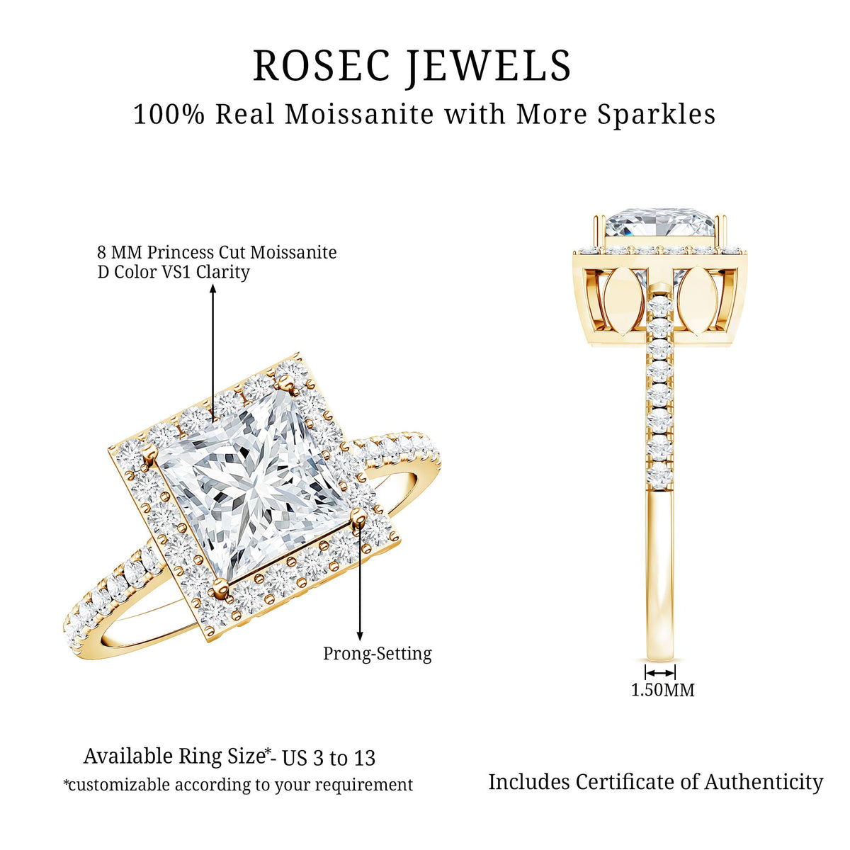 Three-carat princess cut Moissanite halo engagement ring with intricate band design, featuring sparkling center stone and surrounding halo.
