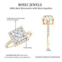 Three-carat princess cut Moissanite halo engagement ring with intricate band design, featuring sparkling center stone and surrounding halo.