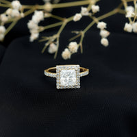 Three-carat princess cut moissanite halo engagement ring by Rosec Jewels featuring a sparkling central stone and intricate halo design.