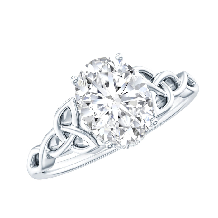 Certified 2 Carat Moissanite Hidden Halo Engagement Ring with Celtic Knot design by Rosec Jewels, showcasing intricate metalwork and sparkling stones.