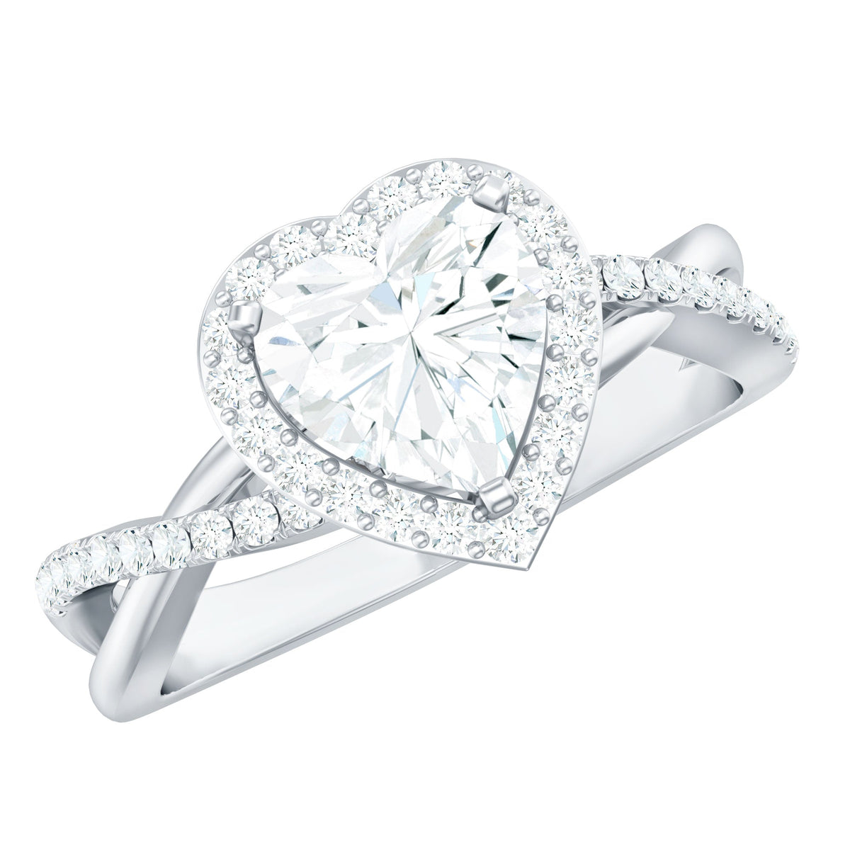 Heart-shaped moissanite halo engagement ring with criss-cross band from Rosec Jewels, featuring sparkling gemstones and intricate design.