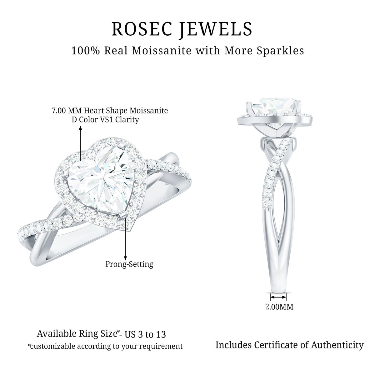 Heart-shaped moissanite halo engagement ring with a criss-cross band, featuring sparkling stones and intricate metalwork from Rosec Jewels.