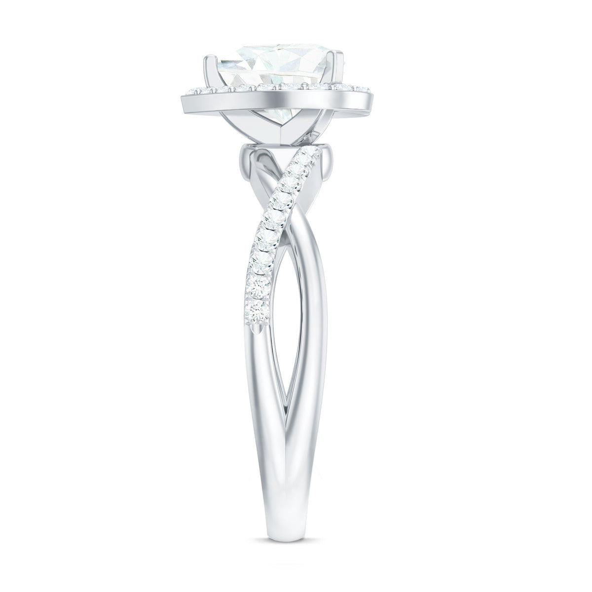 Heart-shaped moissanite halo engagement ring with a criss-cross band from Rosec Jewels, featuring sparkling gemstones and intricate design.