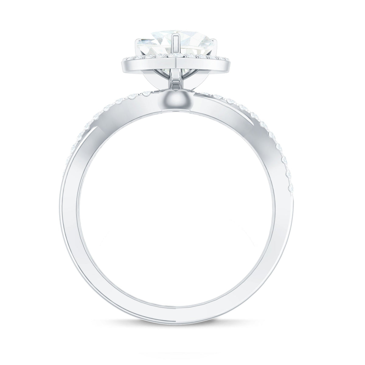 Heart-shaped moissanite halo engagement ring with criss-cross band by Rosec Jewels, featuring sparkling stone details.