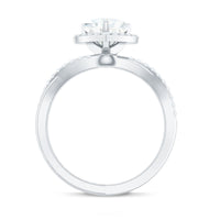 Heart-shaped moissanite halo engagement ring with criss-cross band by Rosec Jewels, featuring sparkling stone details.